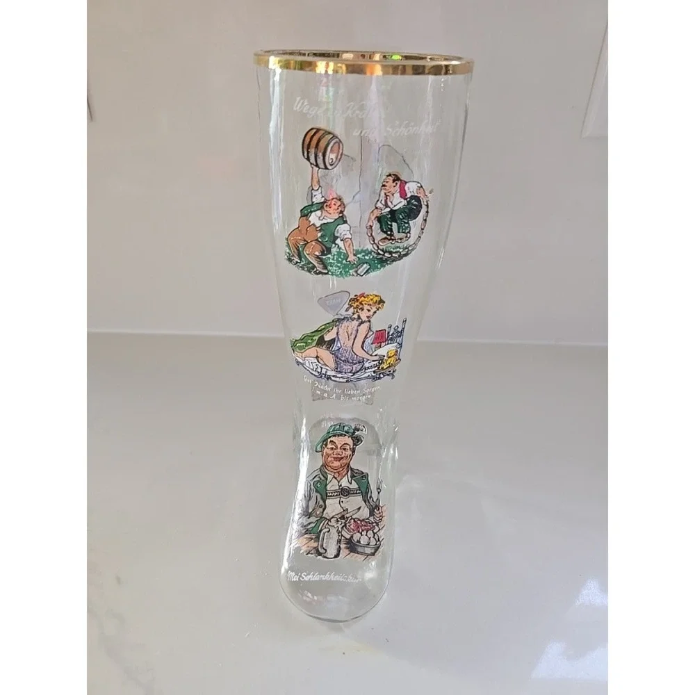Vintage German Beer Boot Glass Gold Rim Humorous Bavarian‎ Illustrations 9 Inch